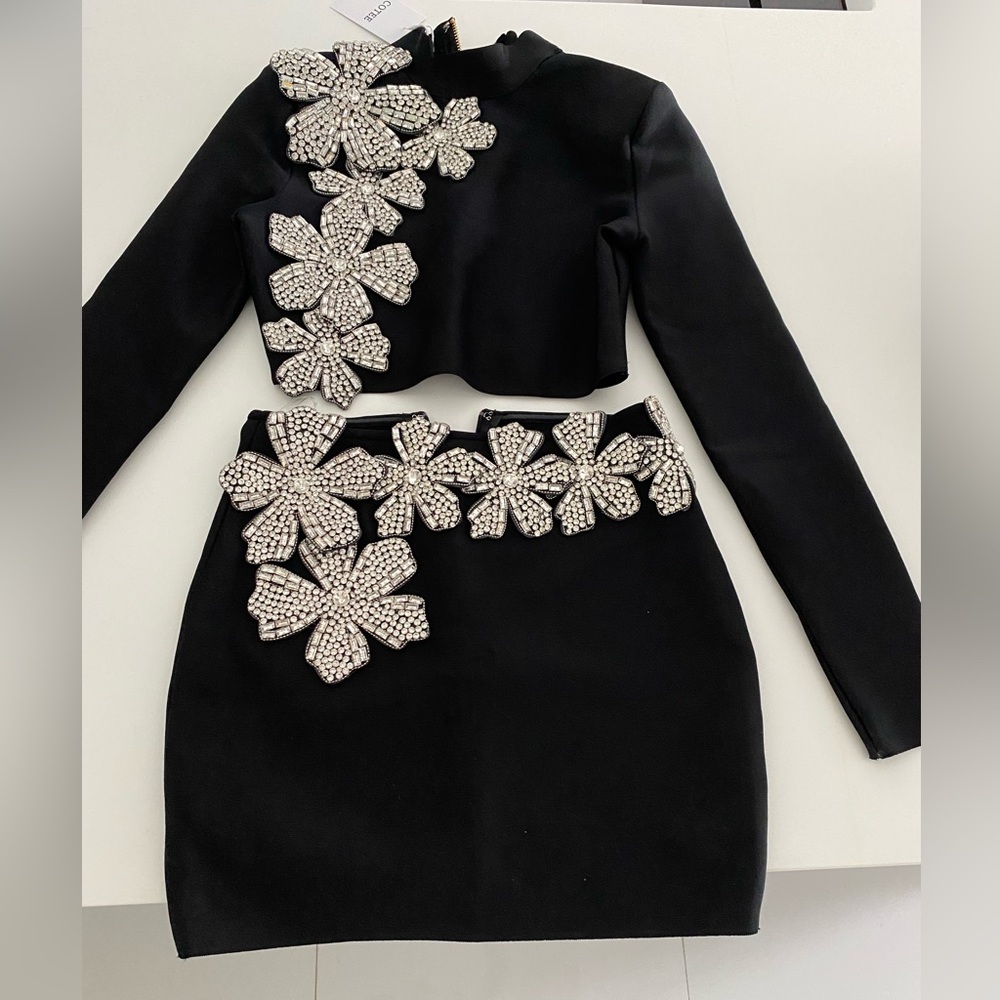 Elegant Black Dress Silver Embellishments luxury outfit set Bronx banco Hindu - Picture 2 of 5